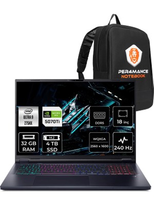 Acer Predator Helios Neo 18 Intel Core Ultra 9 275HX 32GB Ram 4tb SSD RTX5070TI/12GB 18" Qhd+ Freedos Gaming Laptop & Per4 Çanta NHQVLEY002P323