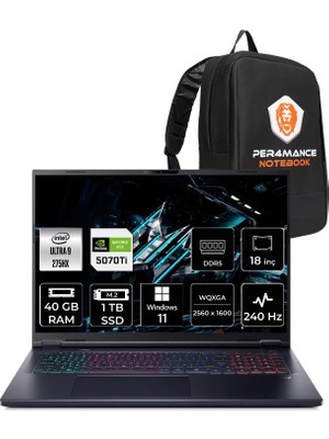 Acer Predator Helios Neo 18 Intel Core Ultra 9 275HX 40GB Ram 1tb SSD RTX5070TI/12GB 18" Qhd+ WIN11 Pro Gaming Laptop & Per4 Çanta NHQVLEY002P447
