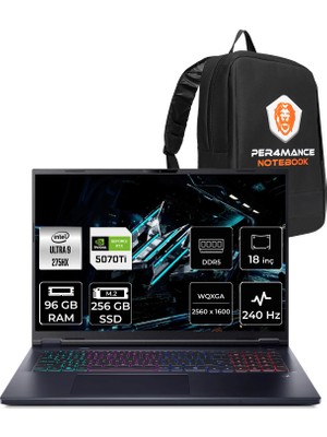 Acer Predator Helios Neo 18 Intel Core Ultra 9 275HX 96GB Ram 256GB SSD RTX5070TI/12GB 18" Qhd+ Freedos Gaming Laptop & Per4 Çanta NHQVLEY002P349