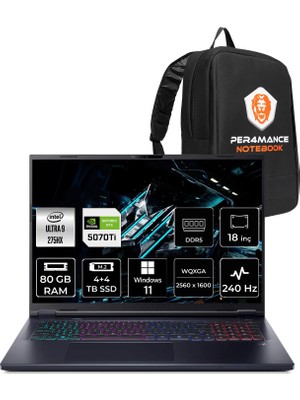 Acer Predator Helios Neo 18 Intel Core Ultra 9 275HX 80GB Ram 4tb+4tb SSD RTX5070TI/12GB 18" Qhd+ WIN11 Home Gaming Laptop & Per4 Çanta NHQVLEY002P408