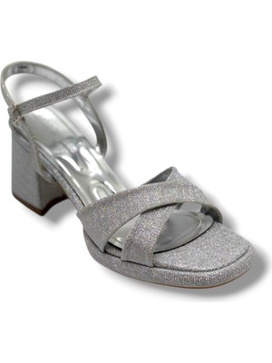 Erbay 405-26 Simli Çupra Kumaş Çapraz Bant Kalın Topuk Kadın Sandalet(7cm)