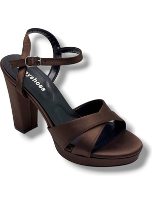 Erbay 308-26 Parlak Saten Çapraz Bant Kalın Topuk Kadın SANDALET(11CM)