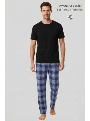 Mısırlı Erkek Pamuk Ekoseli Alt Pijama Mavi