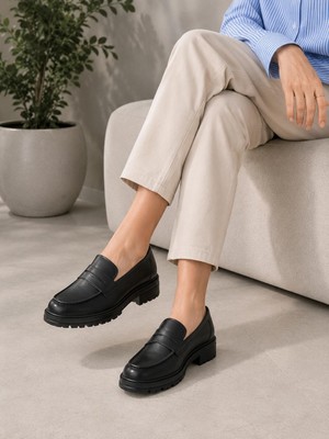 Zenora Kadın Loafer Makosen Siyah Cilt Kalın Tabanlı Ayakkabı
