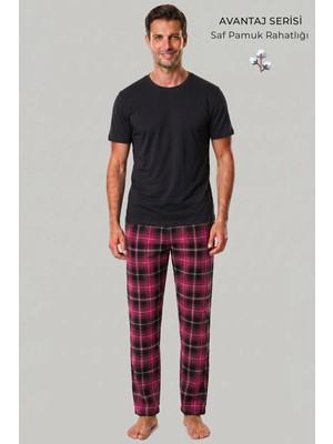 Mısırlı Erkek Pamuk Ekoseli Alt Pijama Açık Kırmızıı