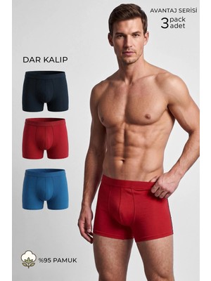 Mısırlı Erkek Pamuklu Slim Fit  Klasik Üçlü Boxer Lacivert-Kırmızı-Sax