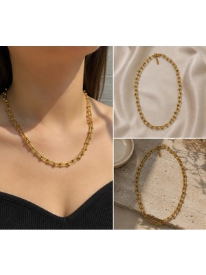 Fm 💎 Premium Parlak ve Şık Gold Renk Geometrik Zincir 316L Çelik Kadın Kolye (45cm)