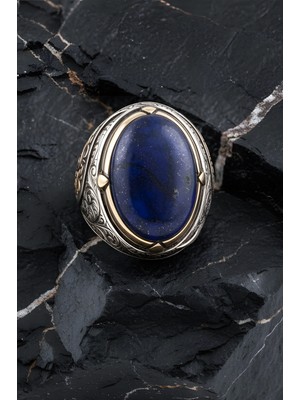 Takıdepo Lapis Lazuli Taşlı Büyük Boy Gravür Sarmaşık Model Gümüş Yüzük