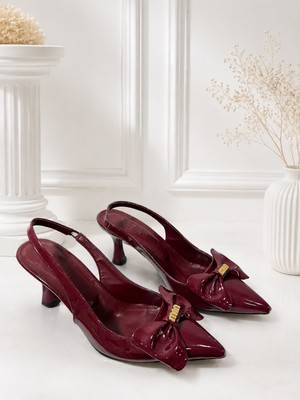 Dabab Shoes Kamıla Kadın Bordo Fiyonk Detaylı Rugan Sivri Burun Slingback 7 cm Ince Topuklu Ayakkabı