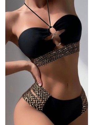 Moda Erva 34 Gold Detaylı Halka Aksesuarlı Straplez Bikini Takımı