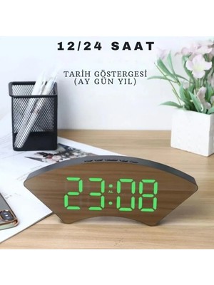 St. Morritz Dekoratif Masaüstü Dijital Saat Kavisli Sıcaklık Tarih Ölçen Şık USB Aynalı LED Işıklı Alarmlı Saat