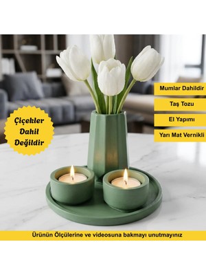 St. Morritz Dekoratif 4 Parça Yeşil Set - Tepsi, Vazo, Mum (Çiçek Dahil Değildir)