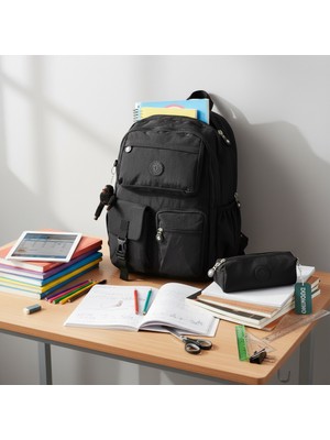 Duomino Krinkıl Suya Dayanıklı Büyük Boy Siyah Çanta ve Kalemlik Klinkır Sırt Çantası/laptop Seyahat Okul Çanta 15,6 Lise Kalemlikli