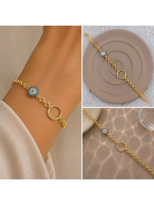 Fm 💎 Premium Parlak ve Şık Gold  Renk Nazar Boncuklu Yuvarlak Detaylı 316L Çelik Kadın Bileklik (22cm)