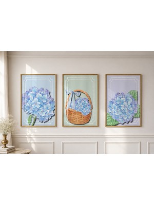 Luxor Pixels (Çerçevesiz) Pastel Tonlarda Ortanca Çiçeği 3lü Poster Seti