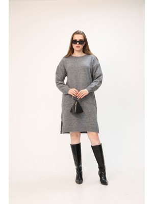 Bacc Gri Çift Cepli Bisiklet Yaka Tunik Elbise