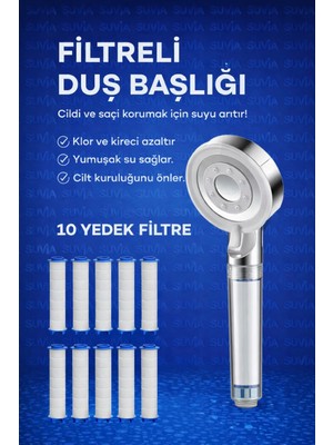 Dihamer Filtreli Duş Başlığı – Klor ve Kireç Önleyici – 10 Adet Yedek Filtreli – Cilt ve Saç Dostu