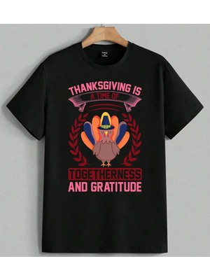 Thanksgiving Hindi Kusu 2 Baskılı Unisex Erkek Kadın Oversize Tişört Siyah