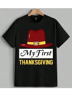 Thanksgiving Siyah Sapka Sari Baskılı Unisex Erkek Kadın Oversize Tişört Siyah