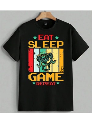 Eat Sleep Game Oyuncu Tasarimi Baskılı Unisex Erkek Kadın Oversize Tişört Siyah
