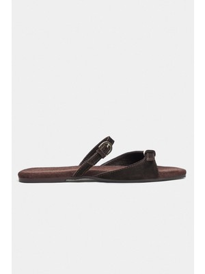 Nişantaşı Shoes Calina Bitter Kahve Süet Çift Tokalı Düz Taban Kadın Terlik