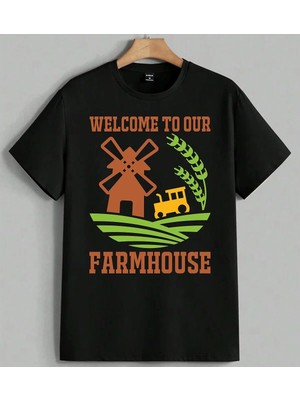 Farmhouse Hosgeldin Ciftlik Baskılı Unisex Erkek Kadın Oversize Tişört Siyah