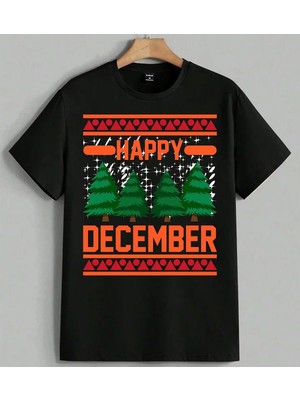 Happy December Noel Agaci Baskılı Unisex Erkek Kadın Oversize Tişört Siyah