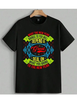Yeni Yil Great Deal Motivasyon Baskılı Unisex Oversize Tişört Siyah