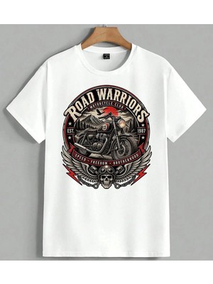 Road Warriors Motosiklet Unisex Erkek Kadın Oversize Tişört Beyaz
