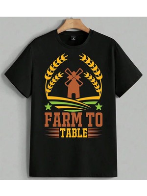 Farm To Table Tarim Logo Baskılı Unisex Erkek Kadın Oversize Tişört Siyah