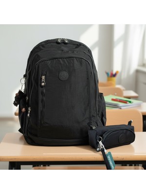 Duomino Krinkıl Suya Dayanıklı Büyük Boy Siyah Klinkır Sırt Çantası 15,6 Laptop Okul Çantası Kalemlik Takım Çanta