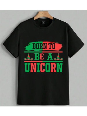 Born To Unicorn Tiyatro Baski Baskılı Unisex Erkek Kadın Oversize Tişört Siyah