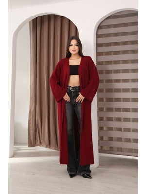 Bacc Bordo Duble Kol Oversize Uzun Salaş Triko Hırka
