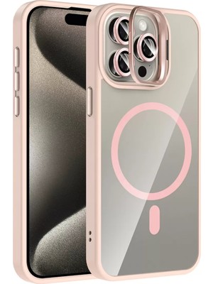 Bezos iPhone 14 Pro Max Remim Lensli Magsafe Standlı Kapak - Pembe