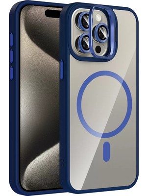 Bezos iPhone 15 Pro Max Remim Lensli Magsafe Standlı Kapak - Lacivert