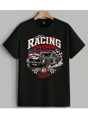 Racing Division Mustang Unisex Erkek Kadın Oversize Tişört Siyah