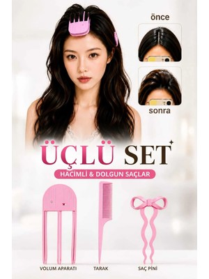 Invictus Design Kadın 3'lü Set Pembe Kabarık Saç Kaldırma Kök Volüm Isısız Şekillendirici & Krepe Tarak & Fransız Fiyonk Firkete Pin Perçem Hacim Verici Kore Klips Saç Aksesuar Iz Bırakmaz