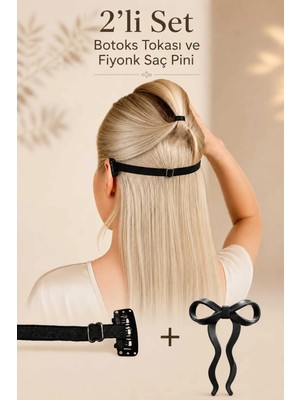 Invictus Design Kadın Siyah Kaş Göz ve Yüz Germe Lastikli Botoks Tokası ve Fiyonk Figürlü Gizli Topuz Tokası Saç Düzenleyici Saç U Pin Firkete Saç Çatalı 2'li Set