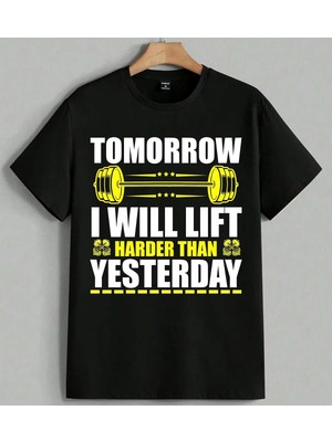 Harder Than Dumbbell Spor Sari Baskılı Unisex Erkek Kadın Oversize Tişört Siyah