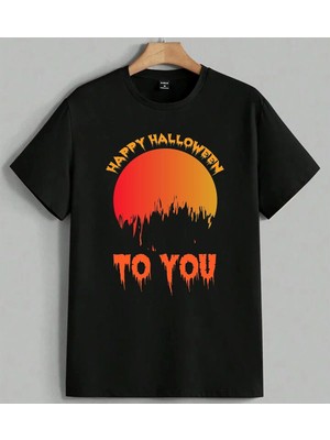Happy Halloween Portakal Ay Baskılı Unisex Erkek Kadın Oversize Tişört Siyah