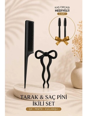 Invictus Design Kadın Siyah Profesyonel Kuyruklu Krepe Tarak & Fiyonk Figürlü Gizli Topuz Toka Saç Pin Firkete Kaş & Kirpik Fırçası Hediyeli