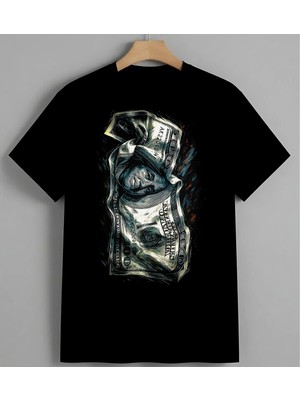 Dolar Para Sanat Cizim Su Boya Syh Unisex Erkek Kadın Oversize Tişört Siyah