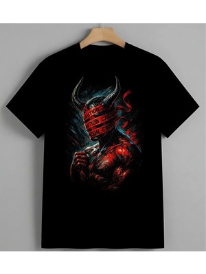 Caution Boynuz Kizil Syh Unisex Erkek Kadın Oversize Tişört Siyah