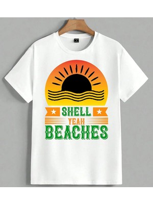 Shell Yeah Plaj Gunes Deniz Unisex Oversize Tişört Beyaz