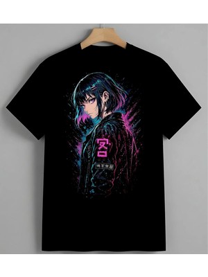 Anime Kiz Mavi Pembe Suyarasi Baskılı Unisex Erkek Kadın Oversize Tişört Siyah