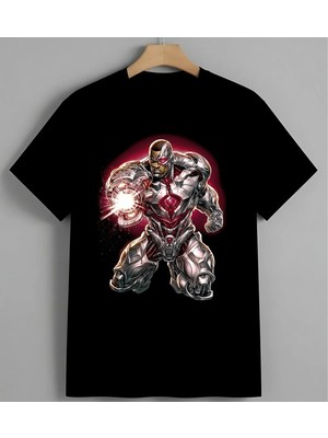 Robot Savasc Pembe Enerji Baskılı Unisex Erkek Kadın Oversize Tişört Siyah