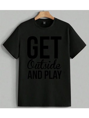 Get Outside Oyun Oynamak Baskılı Unisex Erkek Kadın Oversize Tişört Siyah