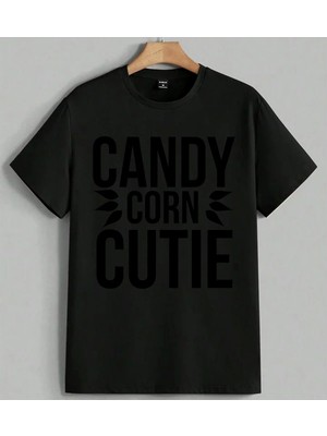 Candy Corn Kutlama Mevsimsel Baskılı Unisex Erkek Kadın Oversize Tişört Siyah