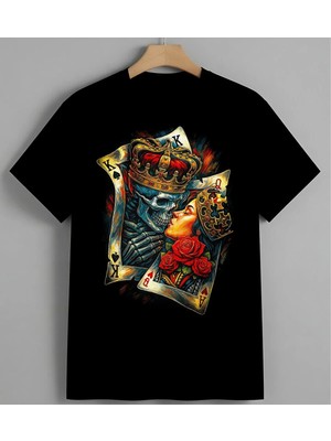 Tarot Kartlari Kirmizi Guller Baskılı Unisex Erkek Kadın Oversize Tişört Siyah