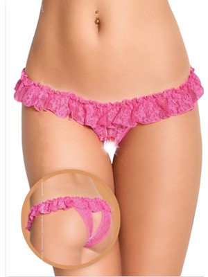 Tegan Mor Gece Üstü Fırfırlı Ağı Açık Pembe Dantel Tanga String